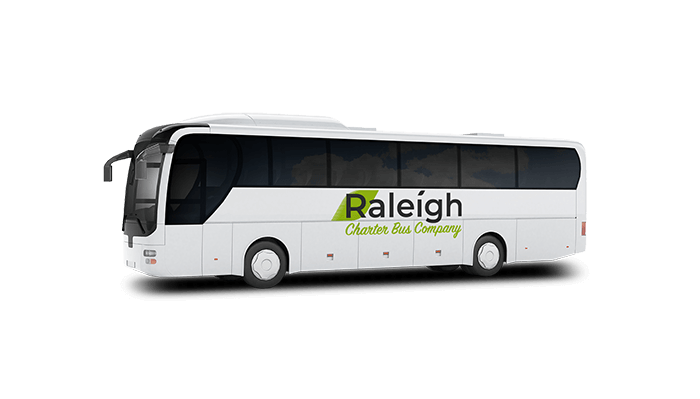 a plain white charter bus with a "Raleigh Charter Bus Company" logo